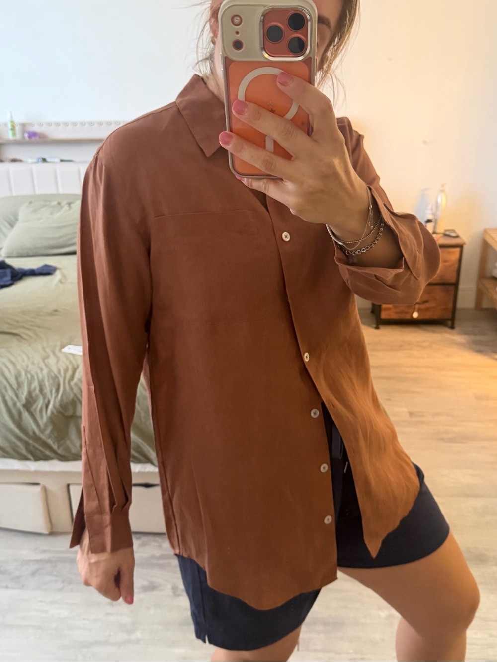 Women’s Rust Brown Button-Up Shirt - Classic Long Sleeve 100% linen - Picture 6 of 6